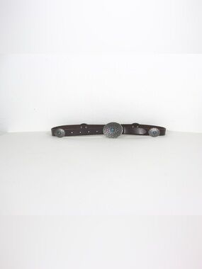 Narrow Brown Leather Silver Concho Belt with Faux Turquoise Southwest Western